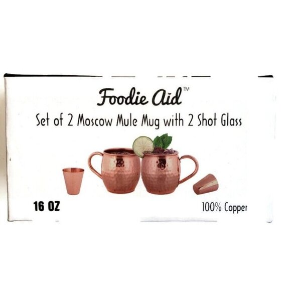 Moscow Mule Copper Mugs 16 oz. (Set of 2) With Bonus 2 Shot Glasses Foodie Aid - Picture 2 of 6